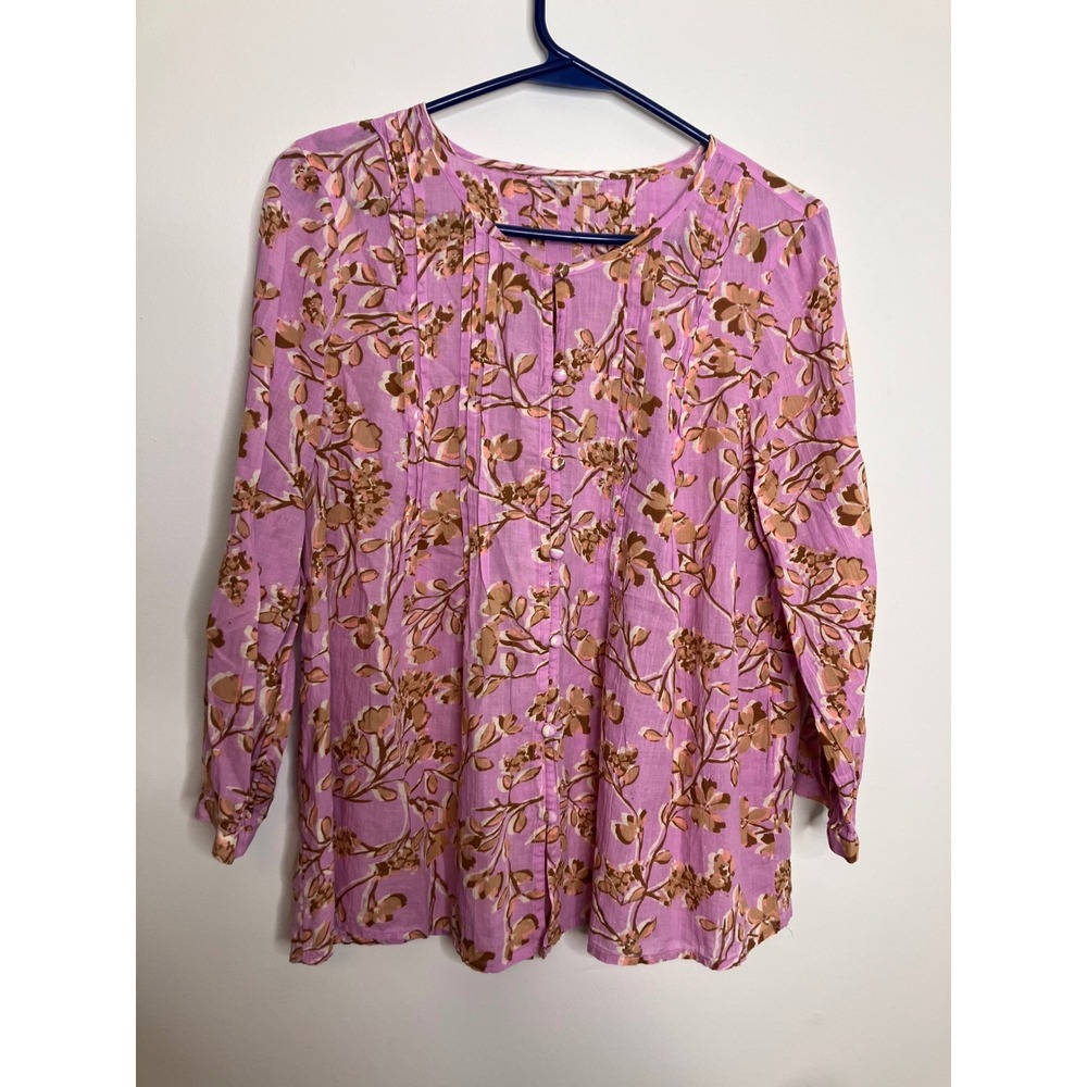 J. Jill Blouse Women L Pink Excellent Floral Pintuck Cotton Button Down Top